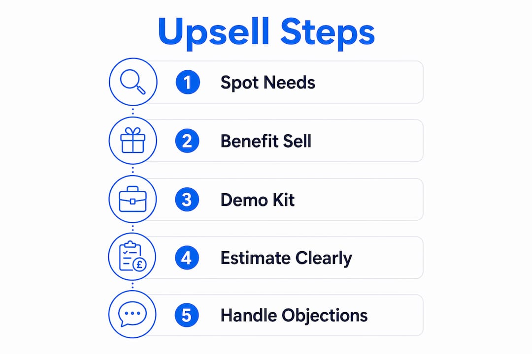 Infographic showing five key upsell steps for premium window hardware