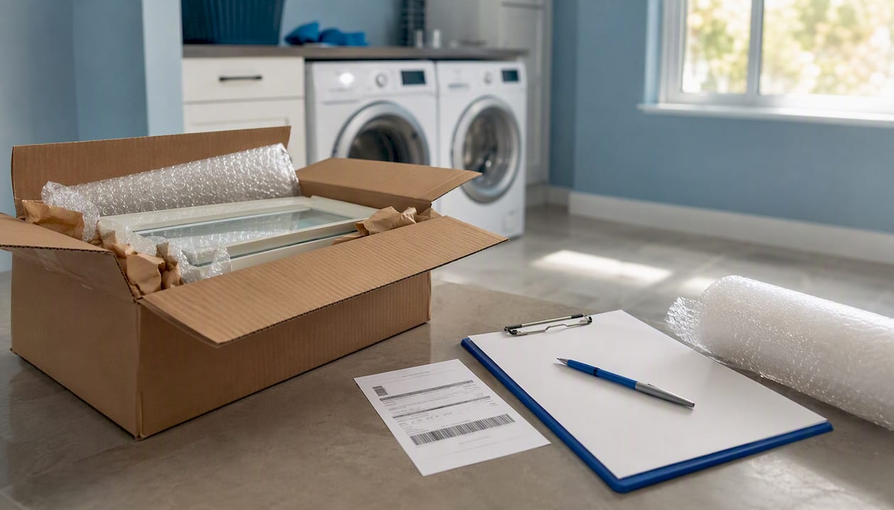 Partially packed box with window parts ready to ship return