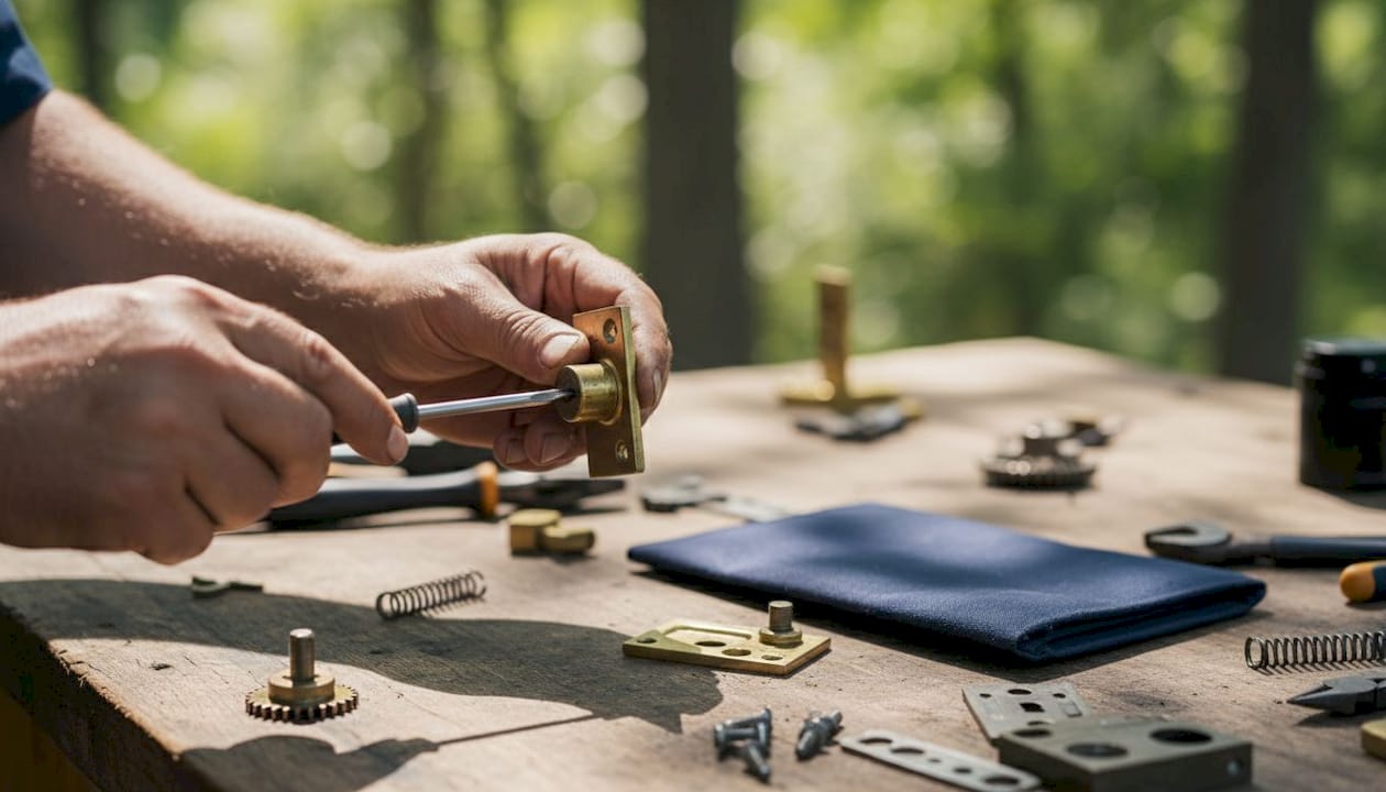 Hands checking spindle and fixing screw on lock