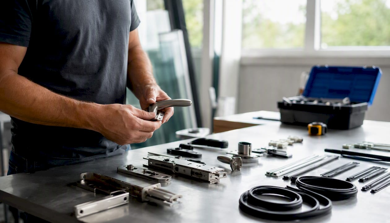 Hands comparing door hardware components