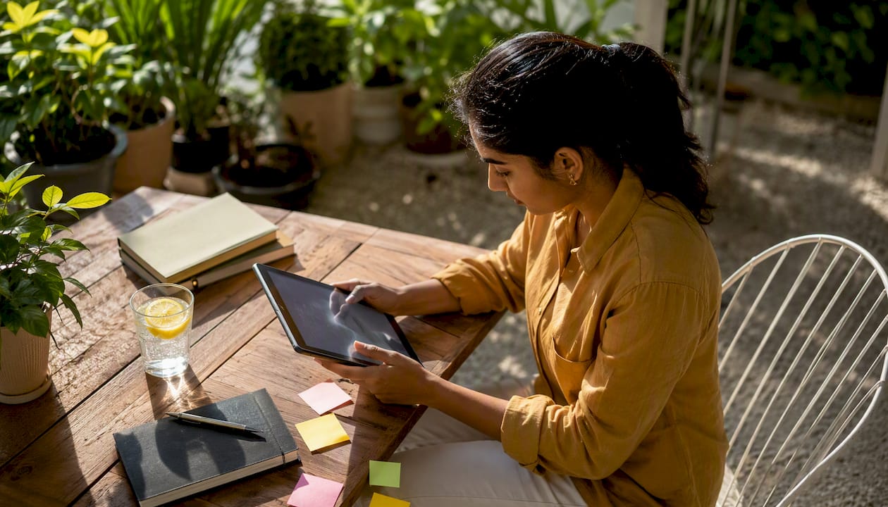 Female L&D specialist using microlearning tablet