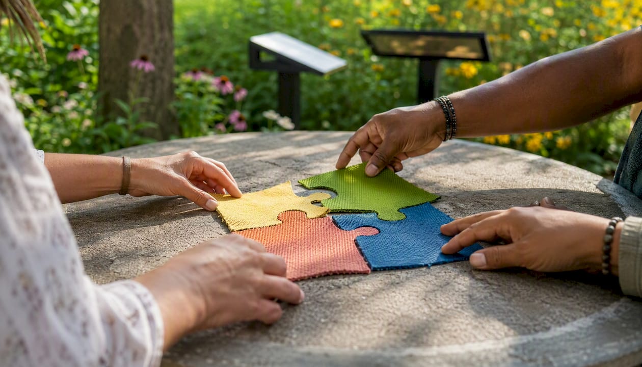 Hands engaging in inclusion puzzle activity