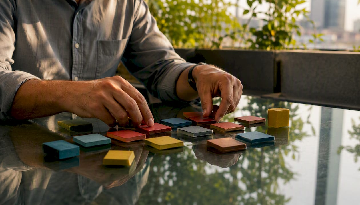Hands working with leadership microlearning tokens
