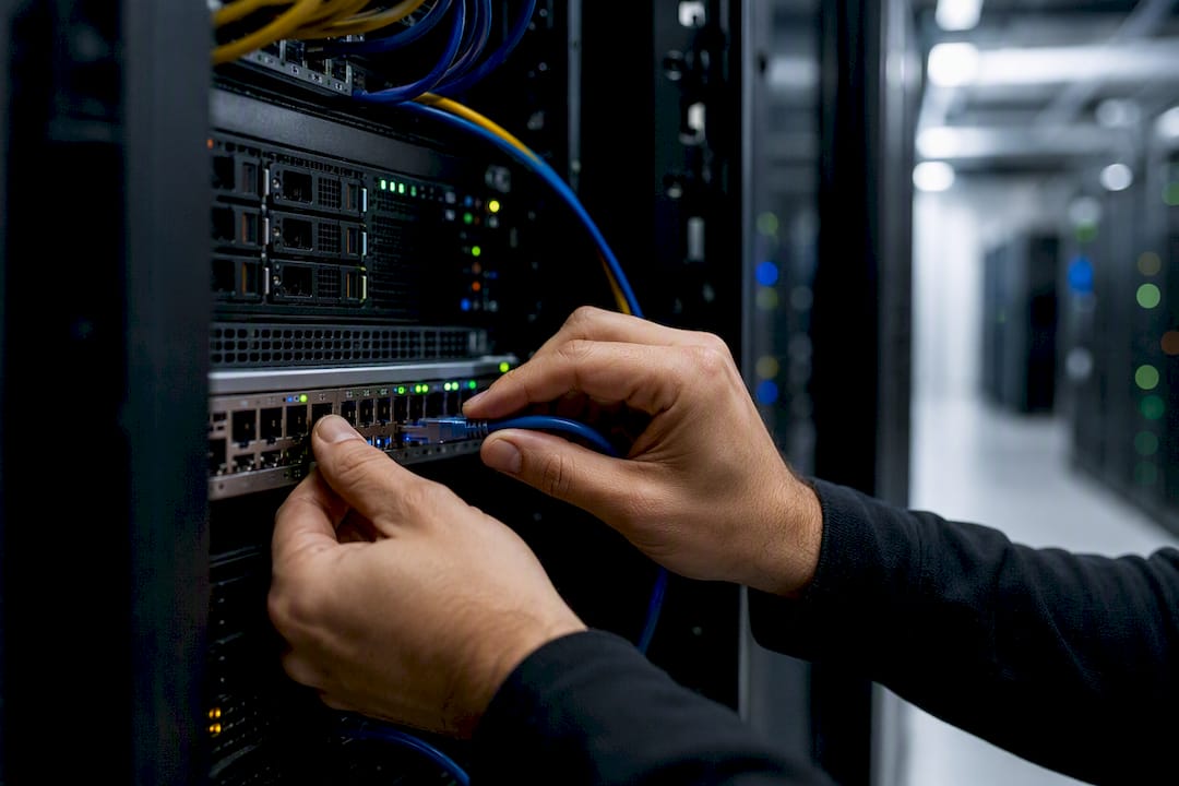 Hands connecting cable on server rack port