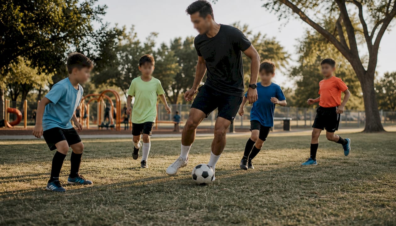 Coach demonstrating soccer dribbling in park