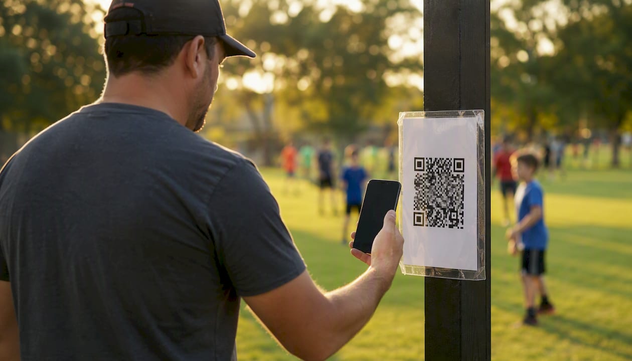 Coach scanning laminated QR code at sports field gate
