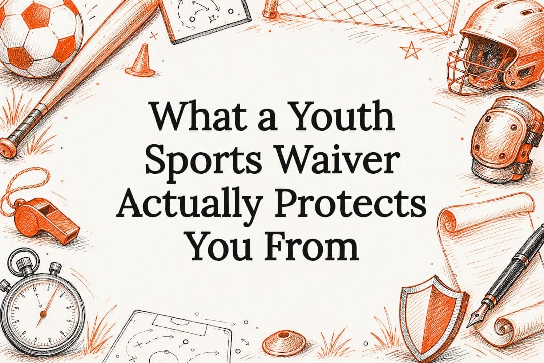 Decorative title card illustration for youth sports waiver article