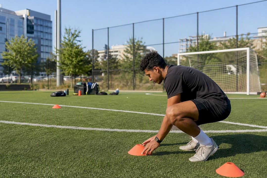 Organizer setting cones on small soccer field