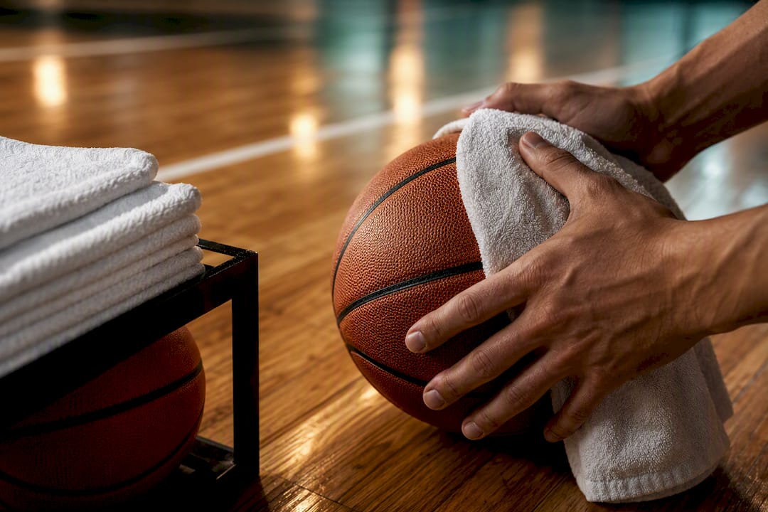 Hands wiping moisture from basketball with towel