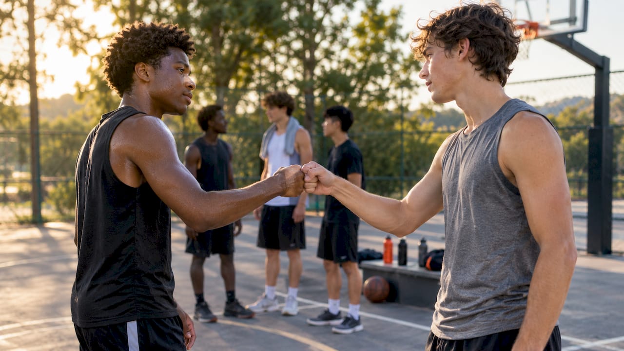 Pickup basketball players tapping fists after game