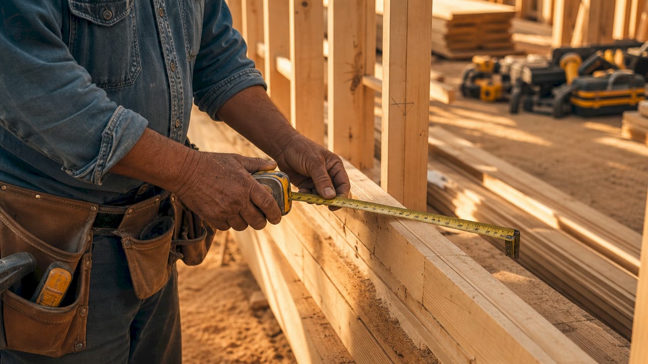 Foreman measuring framed wall studs