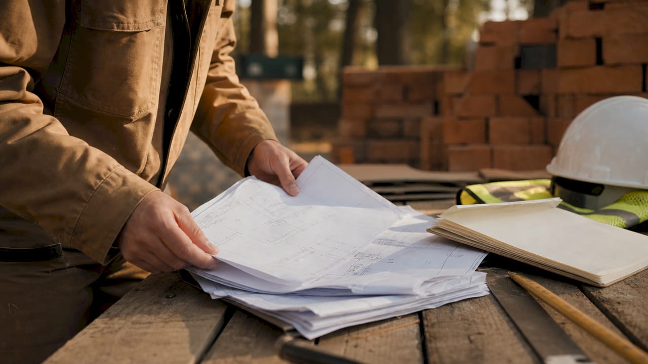 Hands organizing construction plans outdoors
