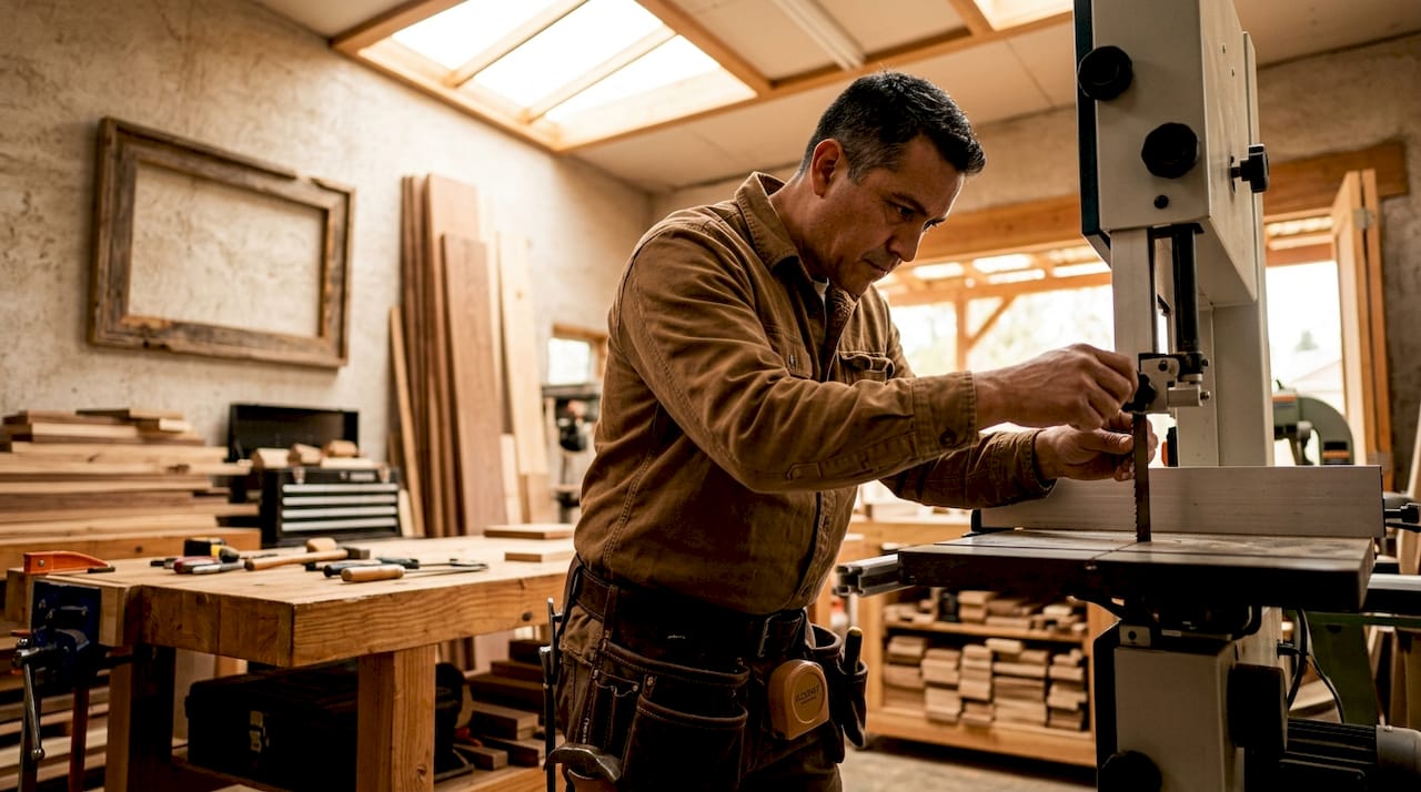 Carpenter adjusting table saw in workshop