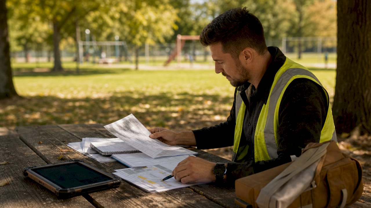 Hands sorting fragmented construction data sheets