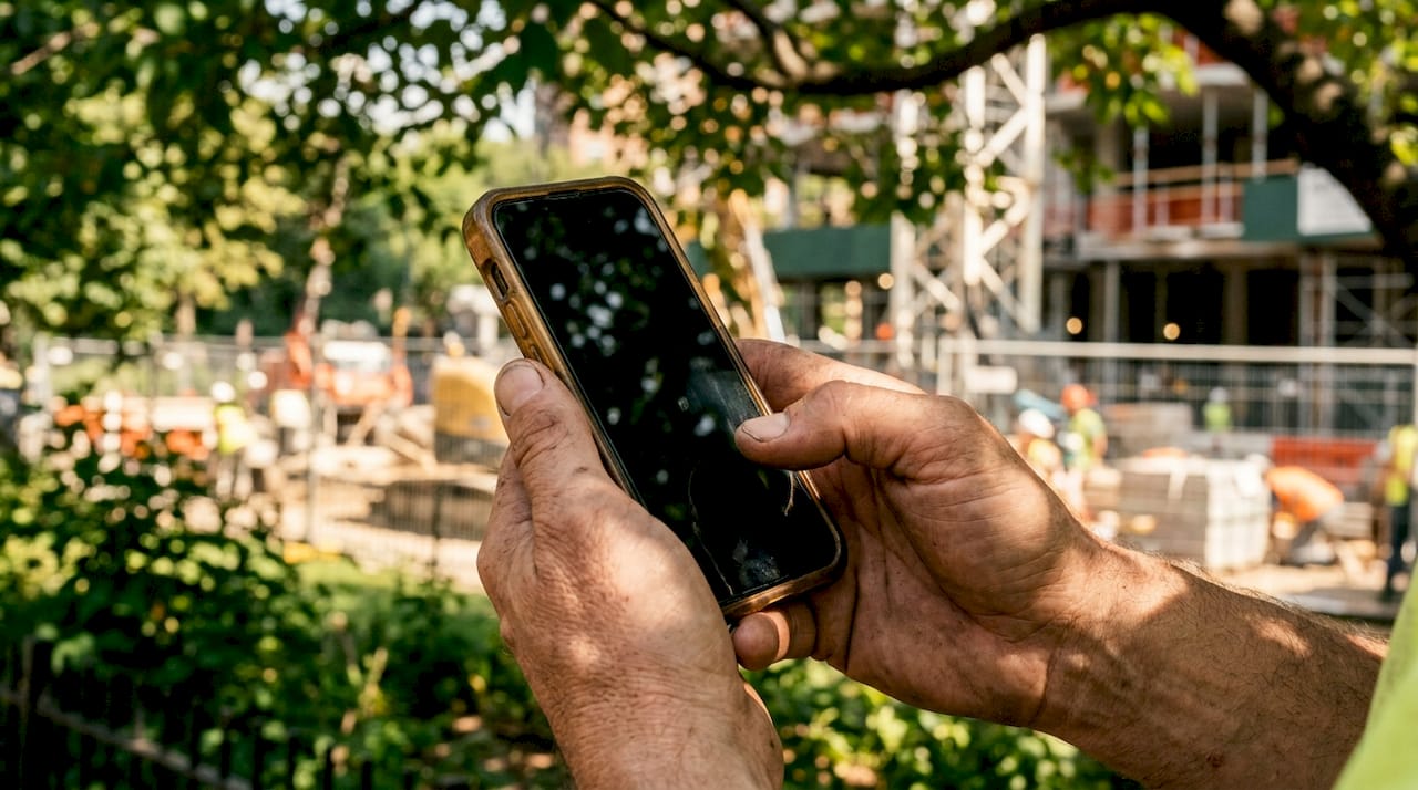 Hands scrolling mobile form at construction site