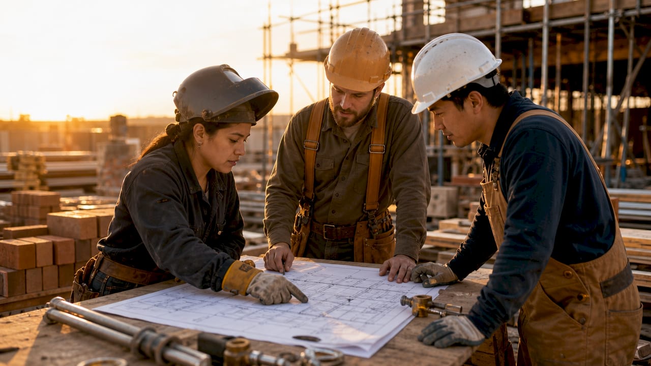 Overhead view of tradespeople discussing blueprint