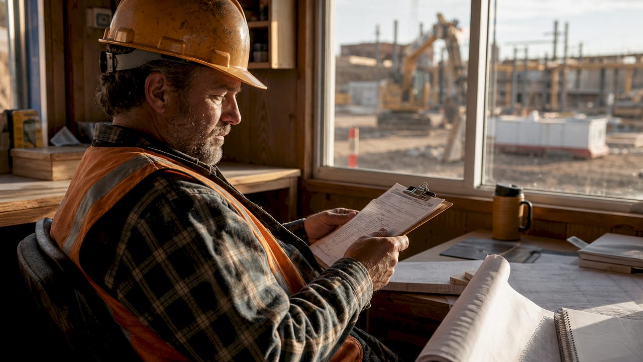Construction foreman reviewing inspection clipboard outdoors