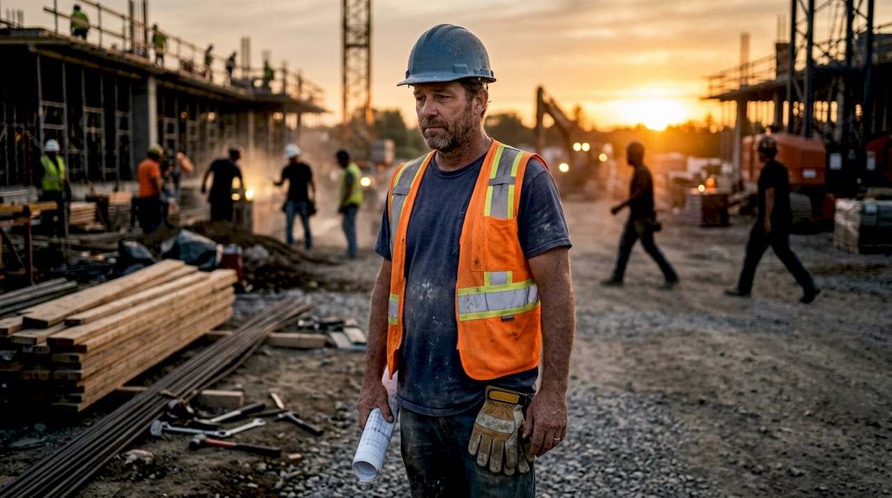 Construction worker waiting idly on jobsite