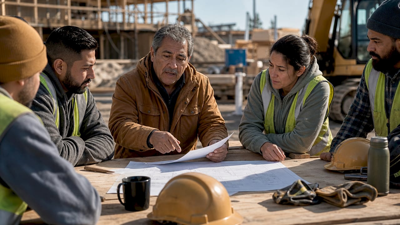 Construction crew receiving morning briefing on site