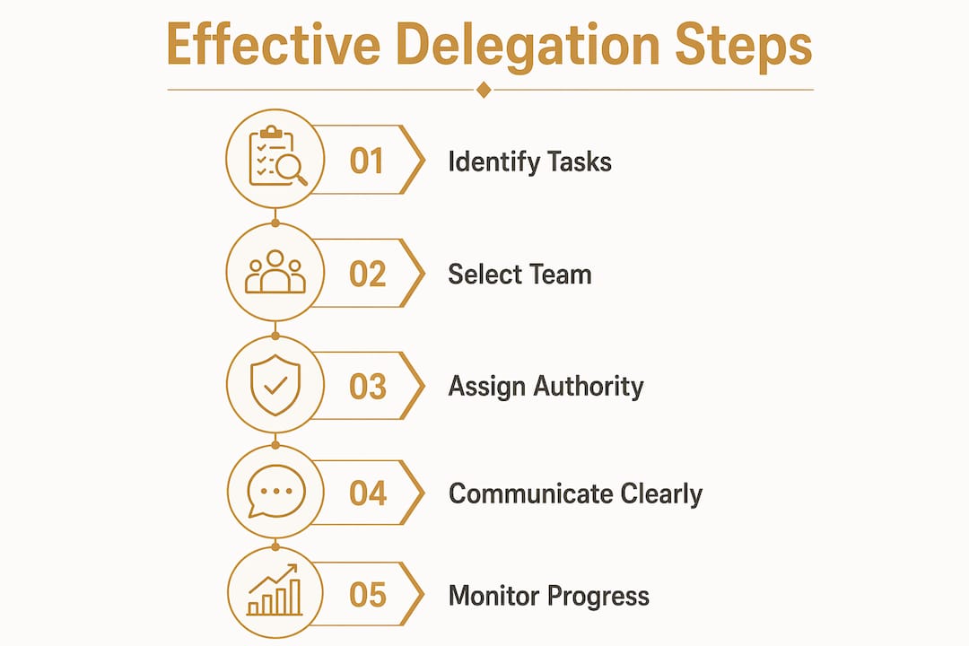 Infographic illustrating five steps of effective task delegation