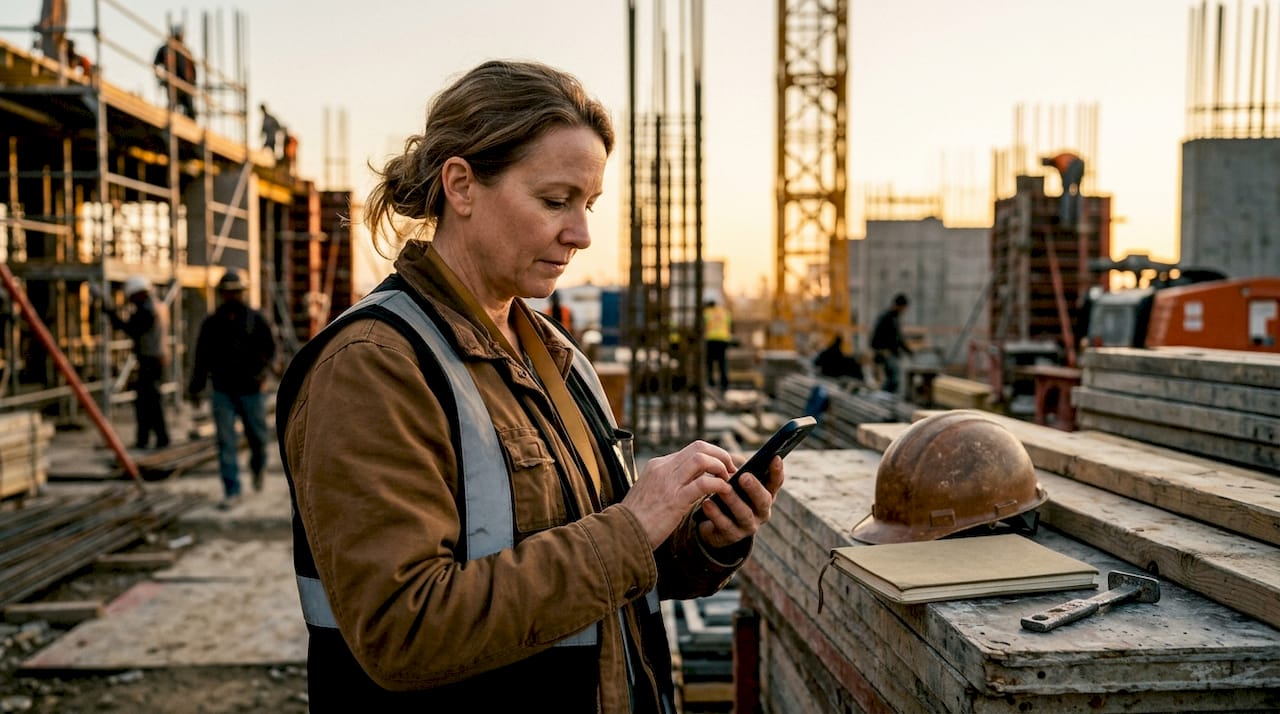 Site supervisor typing construction updates on smartphone outdoors