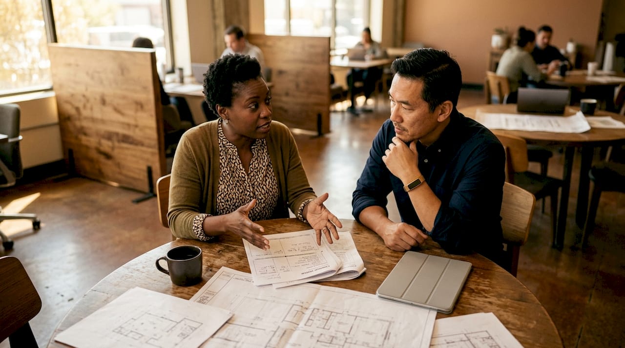 Two project managers reviewing change orders indoors