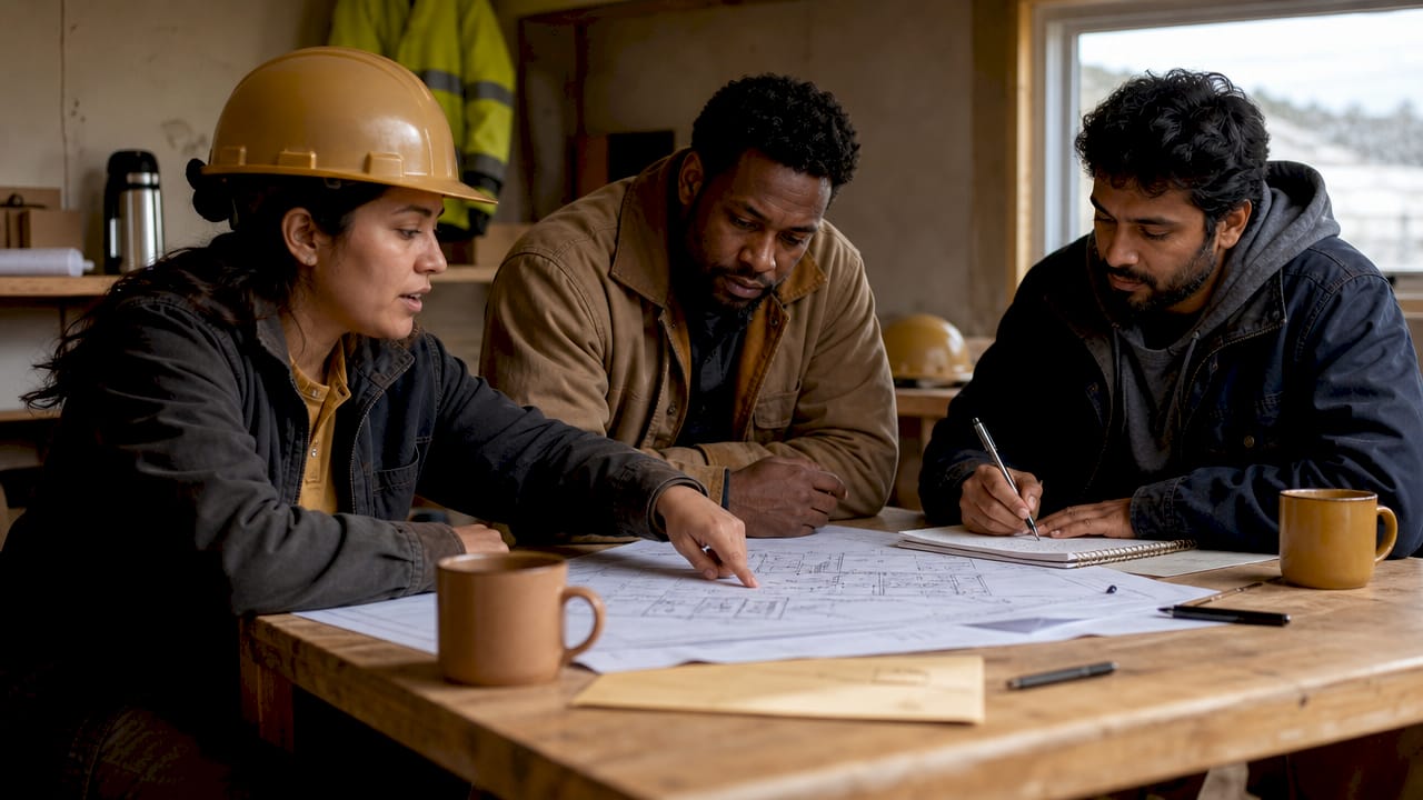 Team coordinating using tablets and plans inside trailer