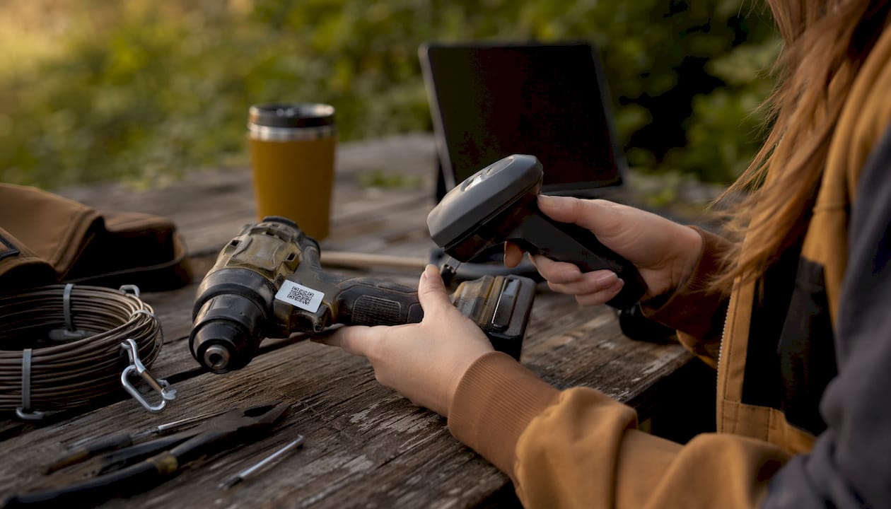 Hands scanning QR code on power drill