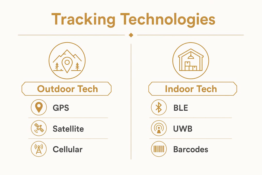 Infographic comparing outdoor and indoor equipment tracking technologies