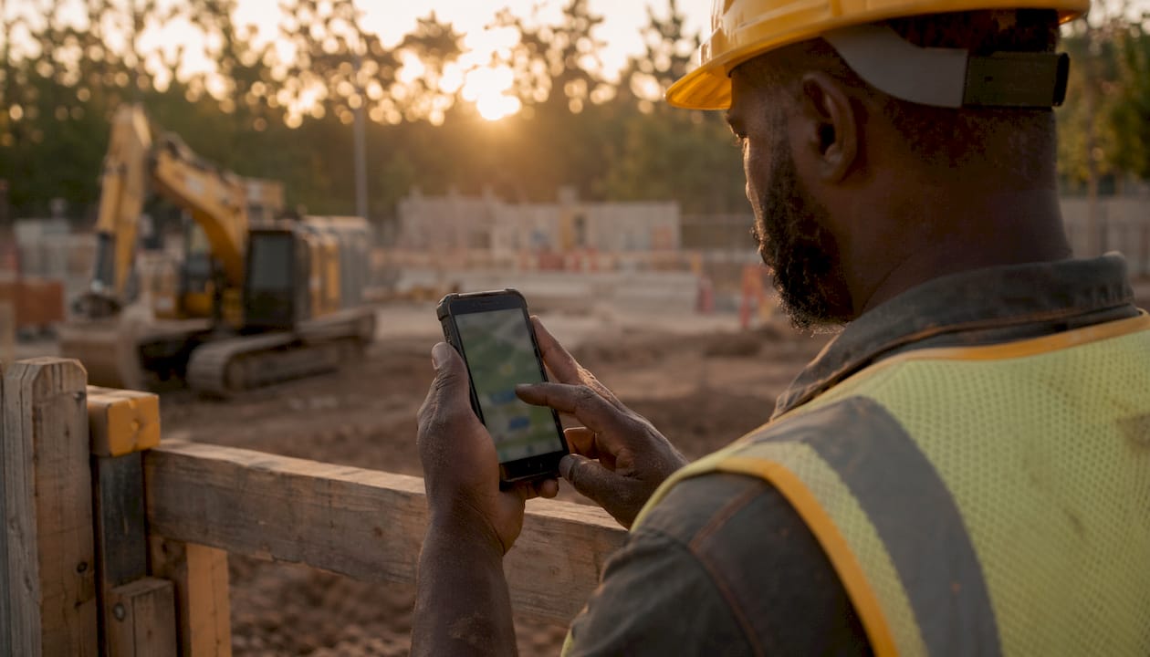 Worker hands holding smartphone for GPS clock-in