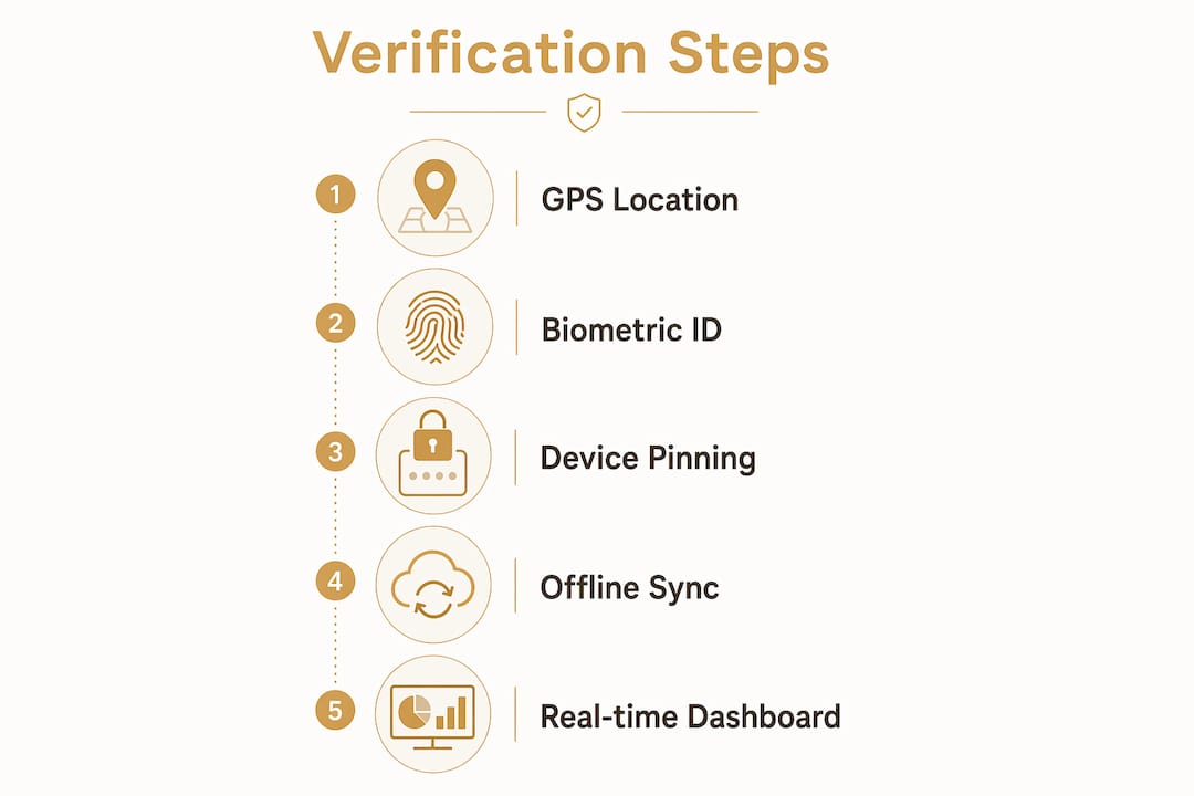 Infographic showing five mobile attendance verification steps