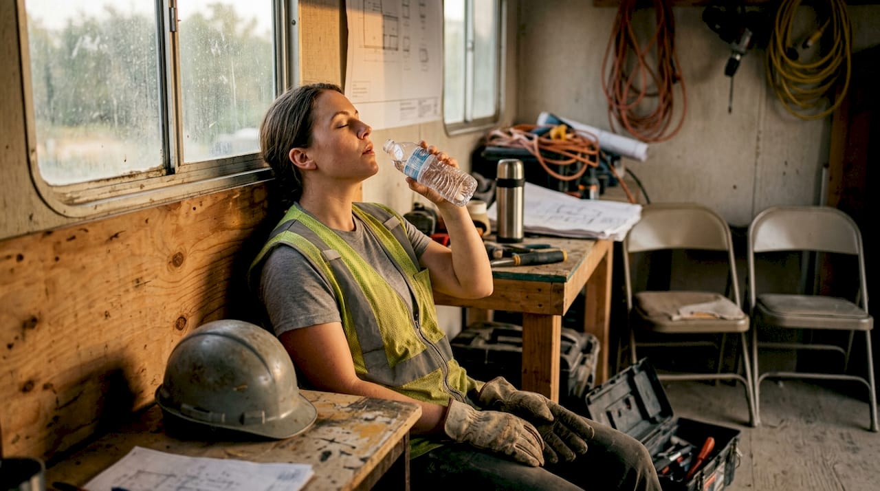 Exhausted tradeswoman resting at jobsite