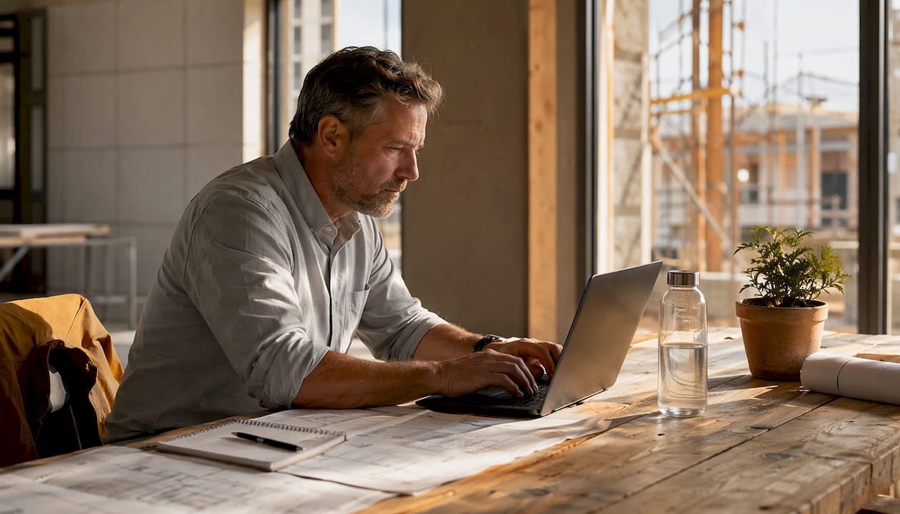 Analyst typing at laptop in urban office