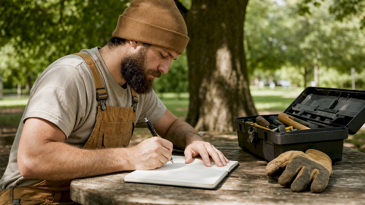 Hands writing job notes outdoors