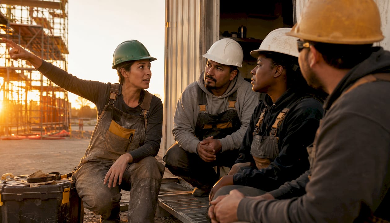 Crew discussing safety issues at construction jobsite