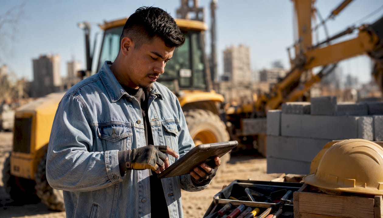 Worker using safety communication tablet on jobsite