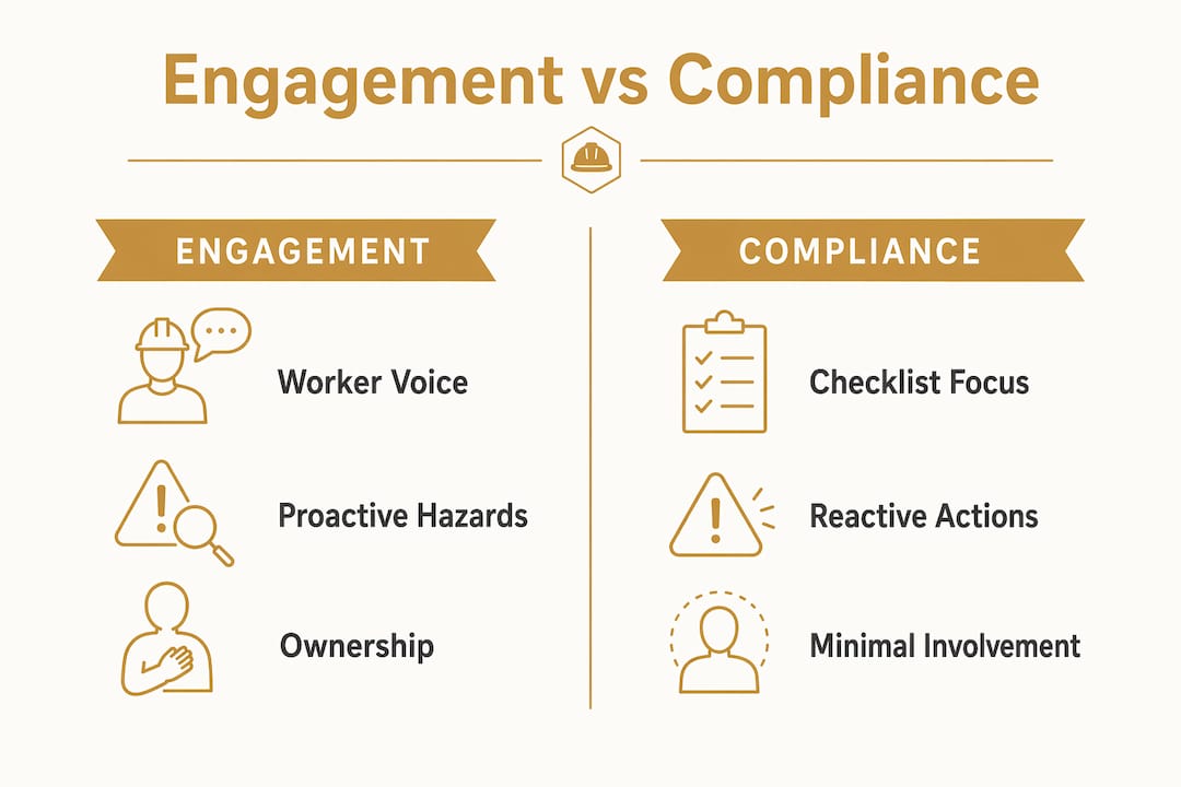 Comparison infographic of engagement versus compliance in safety