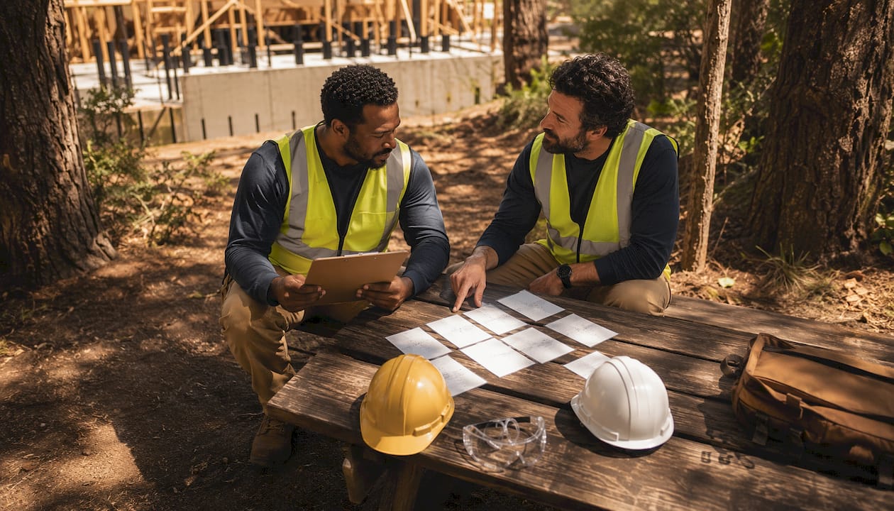 Two construction workers discussing labor turnover causes