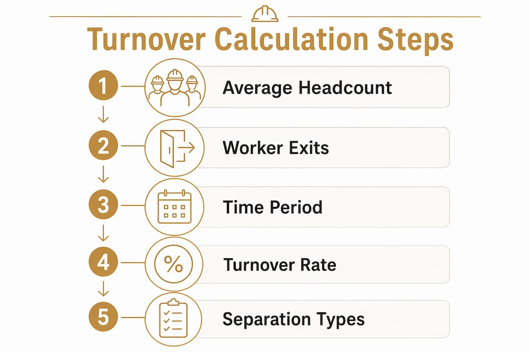 Infographic outlining steps to calculate labor turnover rate in construction