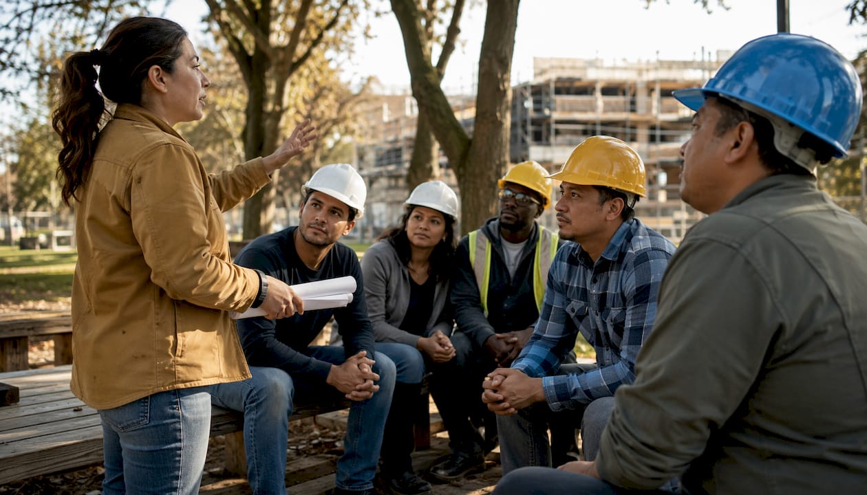 Female bilingual supervisor leading multilingual crew briefing