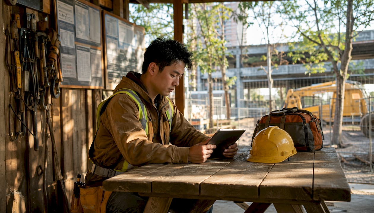 Technician using tablet for crew safety updates onsite