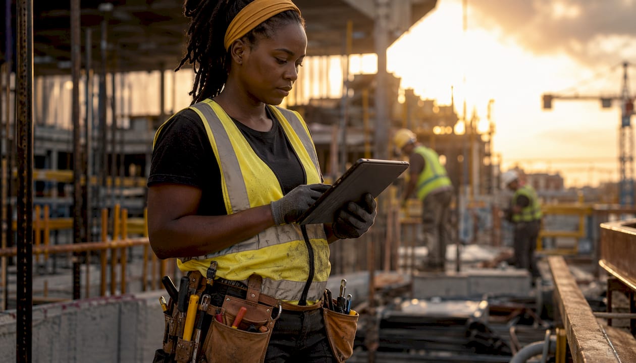 Hands logging training on tablet in trades field
