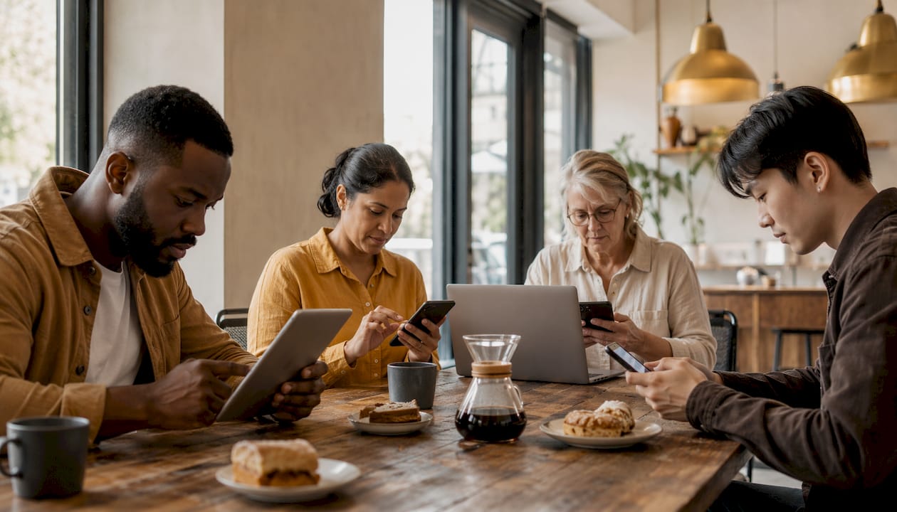 Team testing worker satisfaction survey on multiple devices