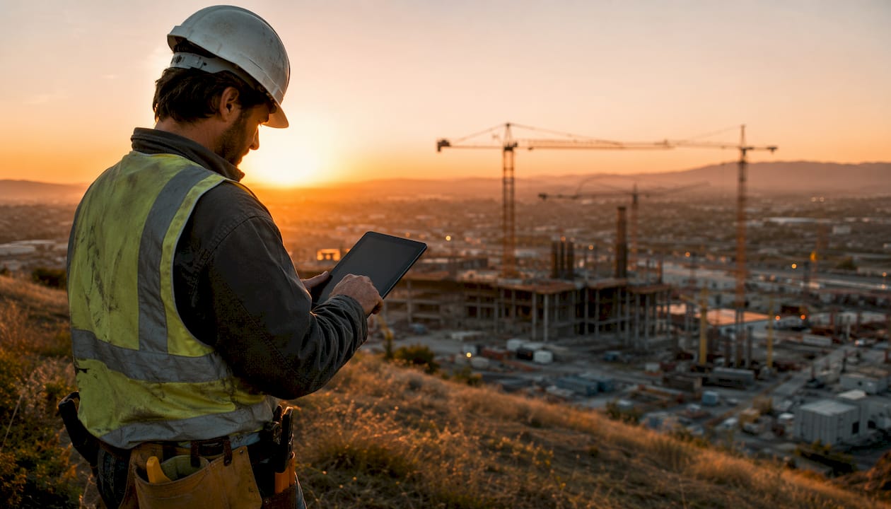 Field technician using tablet at construction site