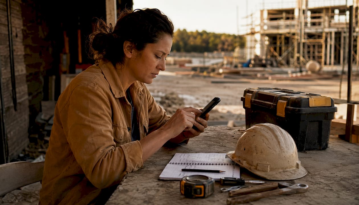 Supervisor using mobile attendance app at construction trailer