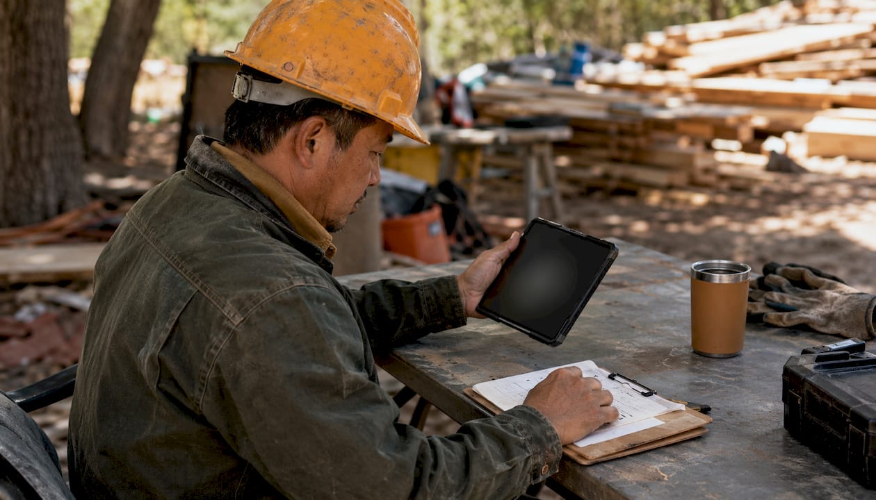 Foreman using rugged tablet for daily log on site