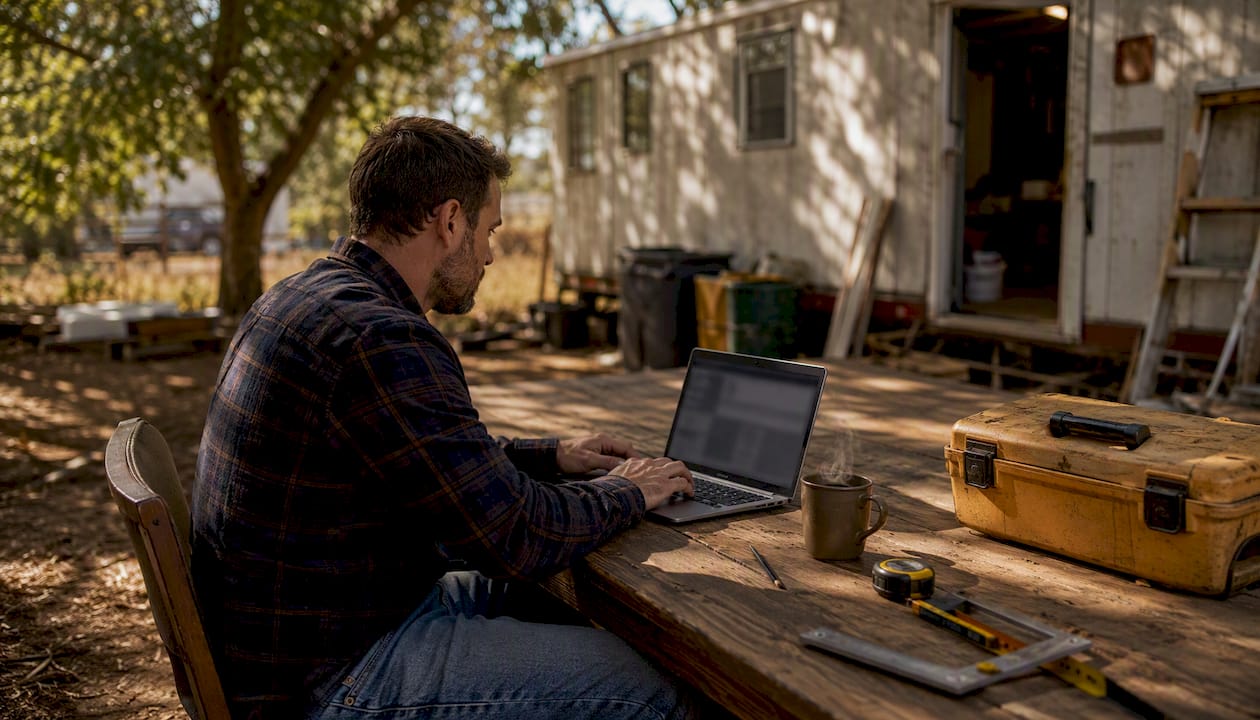 Contractor working asphalt cost spreadsheet outdoors