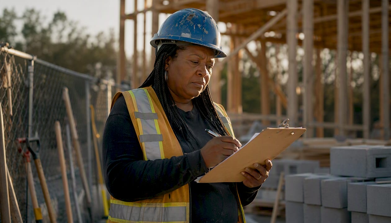 Foreman reviewing checklist on site trailer step