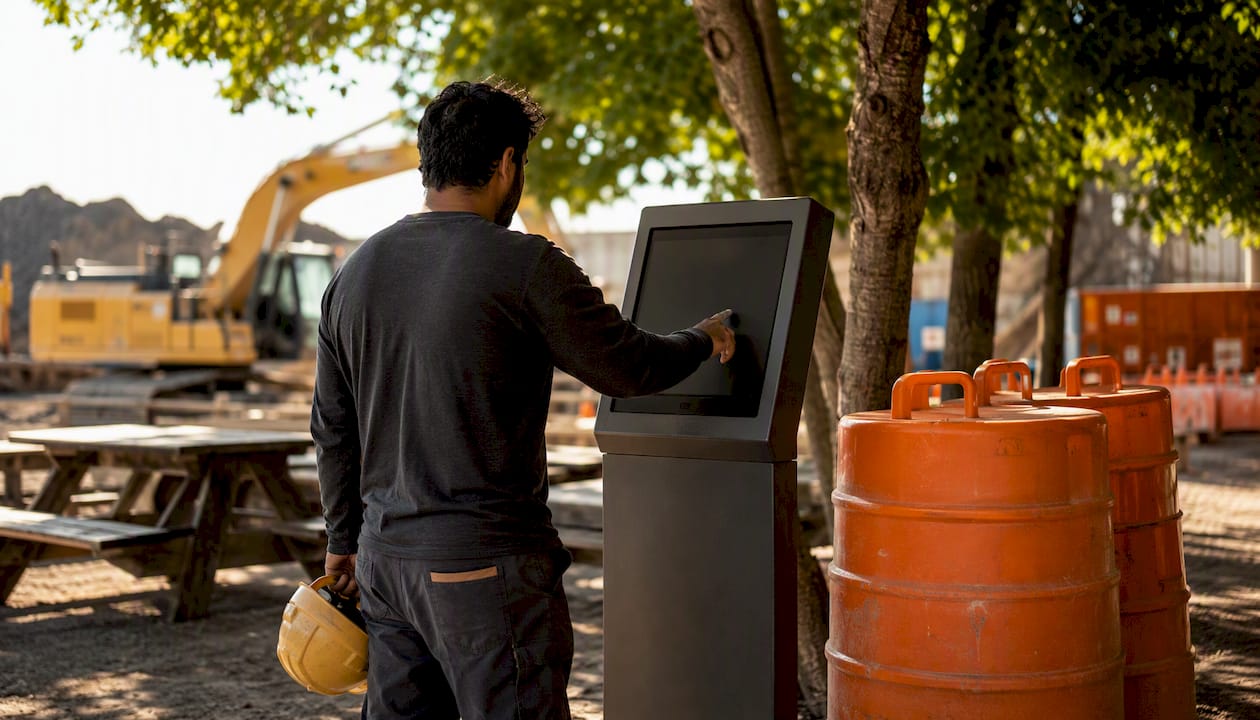Worker using digital kiosk at construction break area