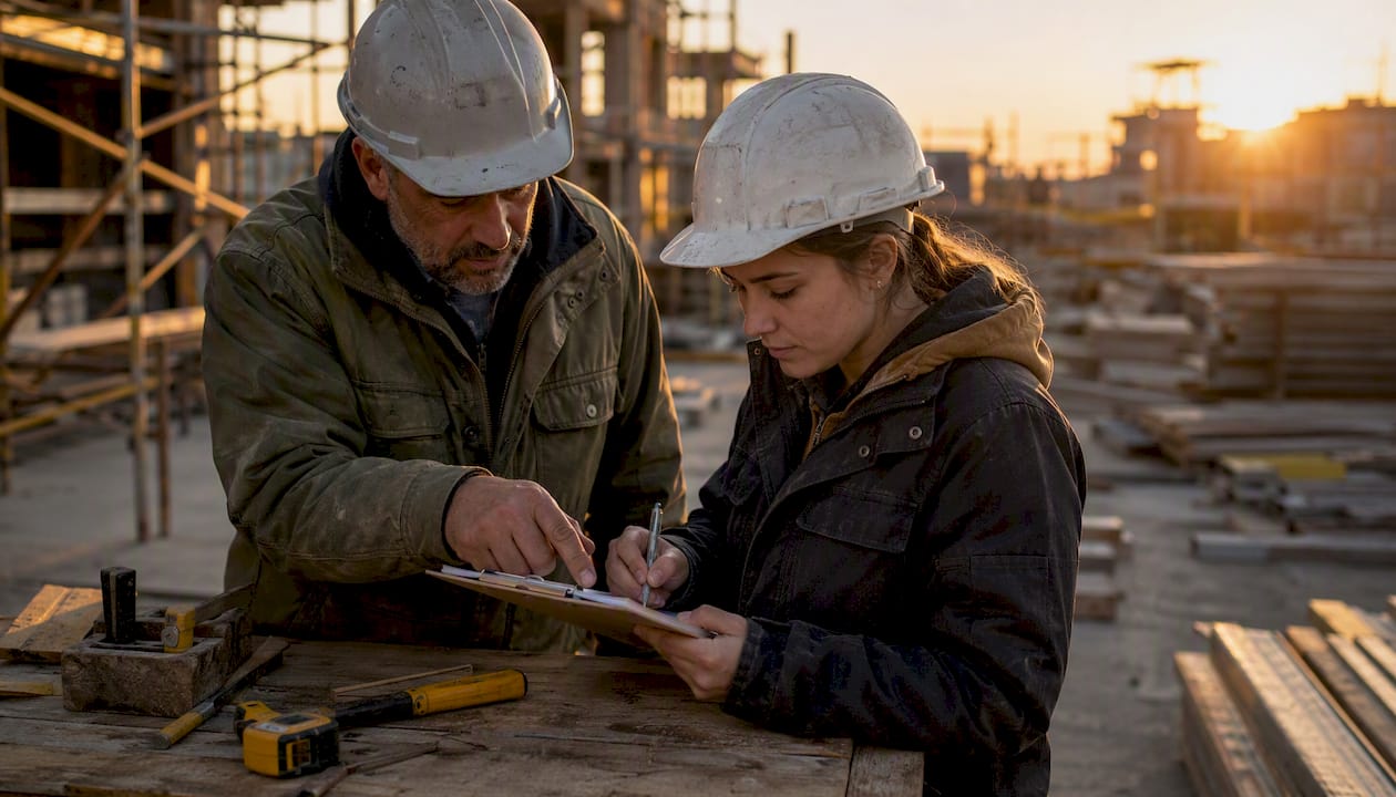 Mentor and new worker reviewing task checklist outdoors
